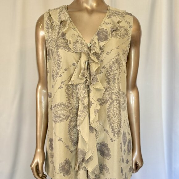 CAbi - 100% Silk Sleeveless Blouse With Ruffle Front - Tan and Gray - Picture 1 of 6